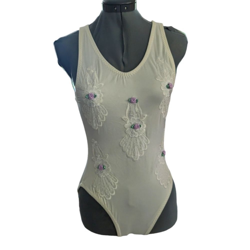 Vintage‎ white floral embroidered and lace swimsuit one piece
